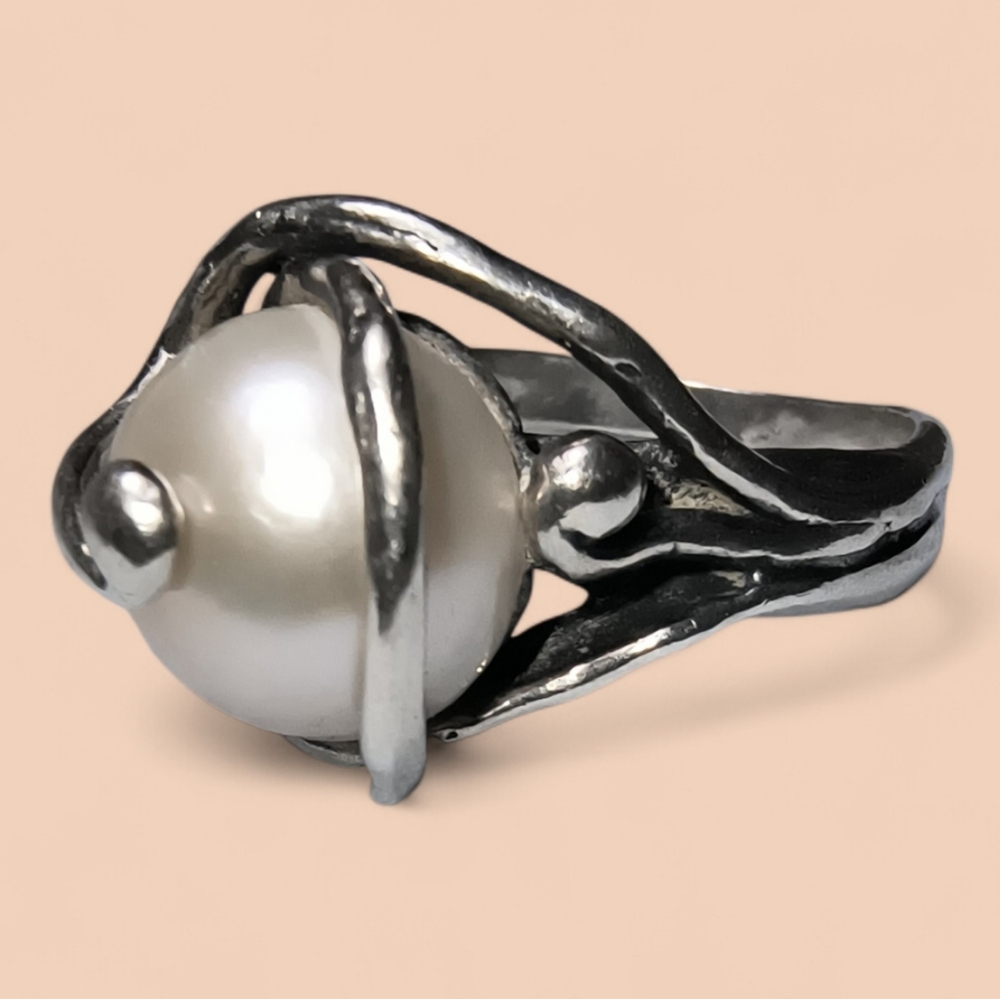 Sterling Silver And Pearl Israel Designer Noa Zuman Brutalist Ring
